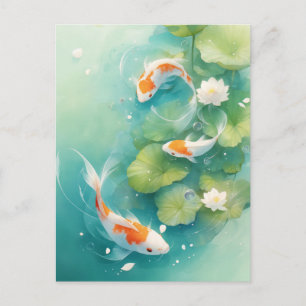 Cartão Postal Peixes Koi Nadando em Lagoa de Lótus Turquesa