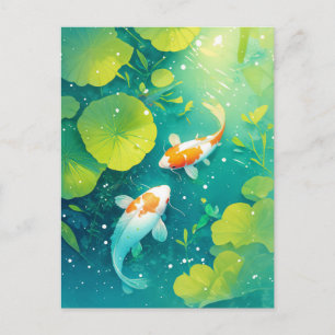 Cartão Postal Peixes Koi Nadando em Lagoa Verde de Lírios Ilumin
