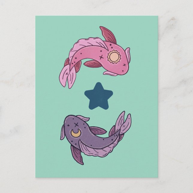 Cartão Postal Peixes Koi Sol e Lua | Arte Celestial de Peixes (Frente)
