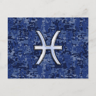 Cartão Postal Peixes Símbolo Zodiac no Camo Digital Azul Marinh