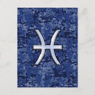 Cartão Postal Peixes Símbolo Zodiac no Camo Digital Azul Marinh