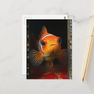 Cartão Postal Peixinho dourado numa Caixa Azul num Travesseiro V
