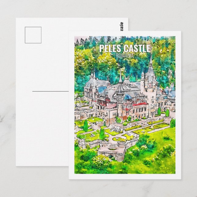Cartão Postal Peles Castle Romênia Familiar Viagem Watercolor (Frente/Verso)