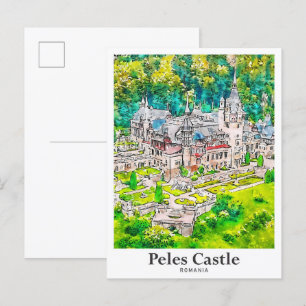 Cartão Postal Peles Castle Romênia Viagem Watercolor