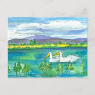 Cartão Postal Pelican Birds Desert Mountain Lake Watercolor