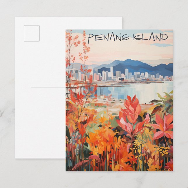 Cartão Postal Penang Malaysia Travel City Painting Aesthetic (Frente/Verso)