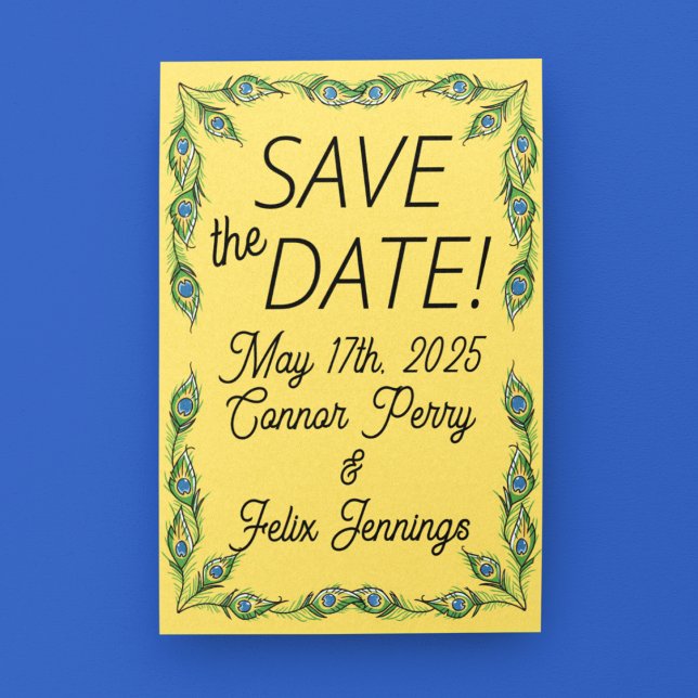 Cartão Postal Penas Amarelo de Peacock Salvar a Data (Criador carregado)