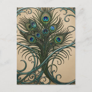 Cartão Postal Penas de Pavão Arte Nova Moldura Teal Ornata
