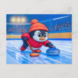 Cartão Postal Penguin Playing Curling on an Icy Winter Rink