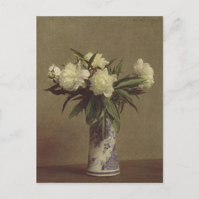 Cartão Postal Peônias num vaso azul e branco (Frente)
