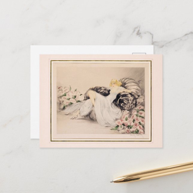 Cartão Postal Peonies, 1935, por Louis Icart (Frente/Verso In Situ)