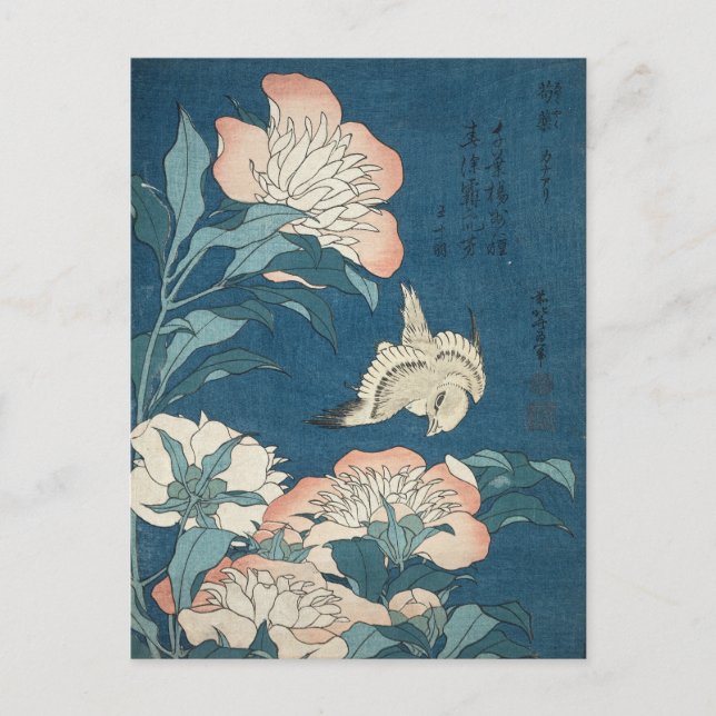Cartão Postal Peonies and Canary, por Katsushika Hokusai 1834 (Frente)