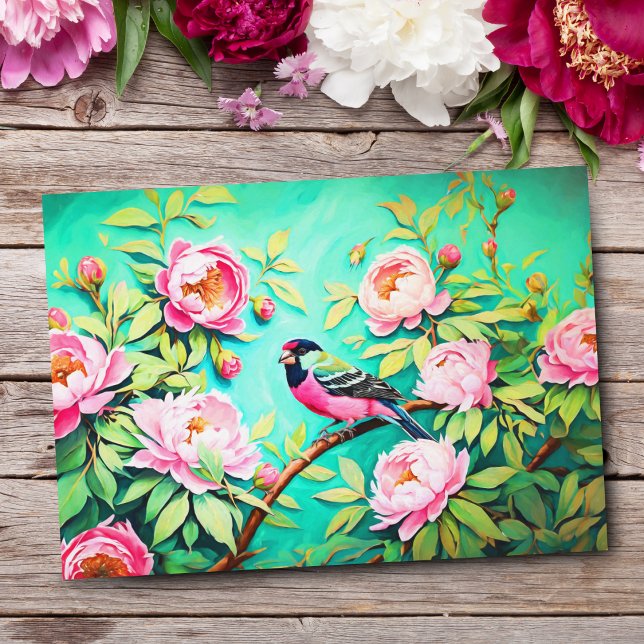 Cartão Postal Peony Pine Gosbeak ai Trabalho de arte Oil Paintin (Share nature's charm, perfect for sending heartfelt messages and greetings.)
