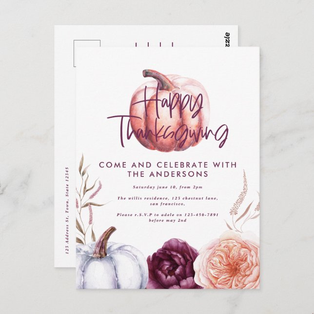 Cartão Postal pequena abóbora floral queda roxa ação de graças (Frente/Verso)
