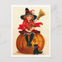 Cartão Postal Pequena bruxa sentada em uma grande abóbora vintag