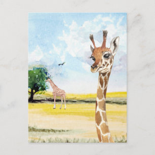 Cartão Postal Pequena e Bonita Girafa África Aquarela