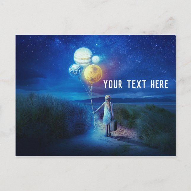 Cartão Postal Pequena Garota Segurando Balões de Planeta (Frente)