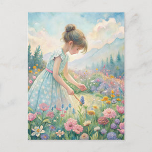 Cartão Postal Pequena Menina Prado Flores Silvestres Montanhas P