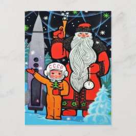 Cartão Postal Pequeno astronauta soviético com Papai Noel, vinta