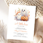 Cartão Postal Pequeno Boo Fantasma, Chá de fraldas de queda de a<br><div class="desc">Este belo convite para chás de fraldas apresenta uma ilustração de aquarela de dois fantasmas sorridentes e uma abóbora de Halloween cercada por folhagem de outono. Abaixo, as palavras "um pequeno boo" aparecem no guião tradicional laranja. Personalize o texto com o nome da futura mãe no script e os detalhes...</div>