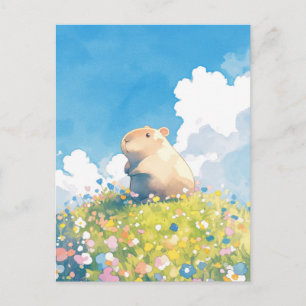 Cartão Postal Pequeno Capivara em Prado de Flores Silvestres em 