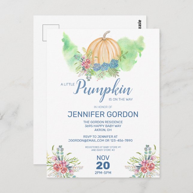 Cartão Postal Pequeno Chá de fraldas Floral Azul de Abóbora Conv (Frente/Verso)