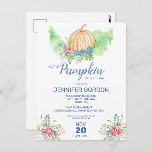 Cartão Postal Pequeno Chá de fraldas Floral Azul de Abóbora Conv