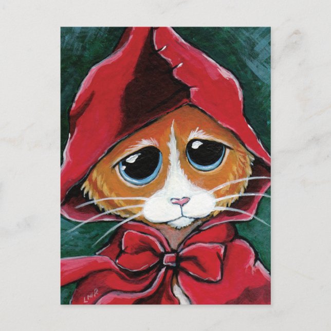 Cartão Postal Pequeno Chapéu Vermelho | Tabby Cat Art Postcard (Frente)