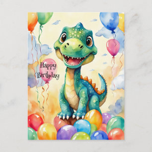 Cartão Postal Pequeno dinossauro bonito com muitos balões colori