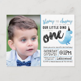 Cartão Postal Pequeno Dinossauro Tema de Aniversário Azul Dinoss