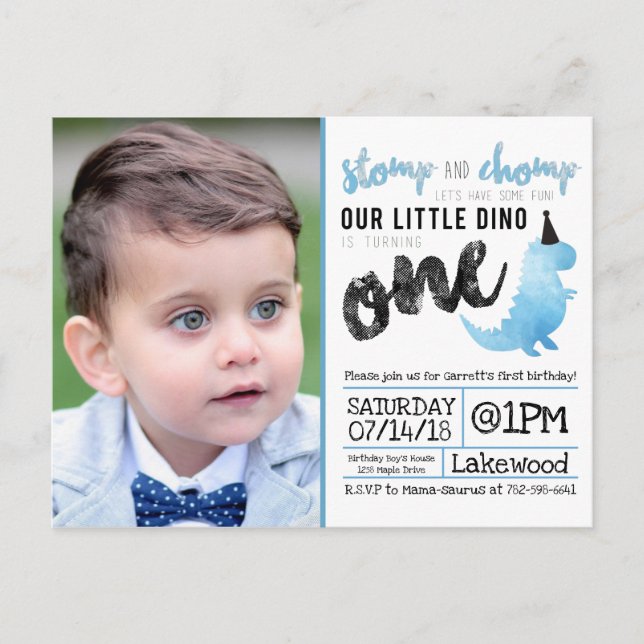 Cartão Postal Pequeno Dinossauro Tema de Aniversário Azul Dinoss (Frente)