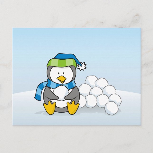 Cartão Postal Pequeno pinguim sentado com bolas de neve (Frente)