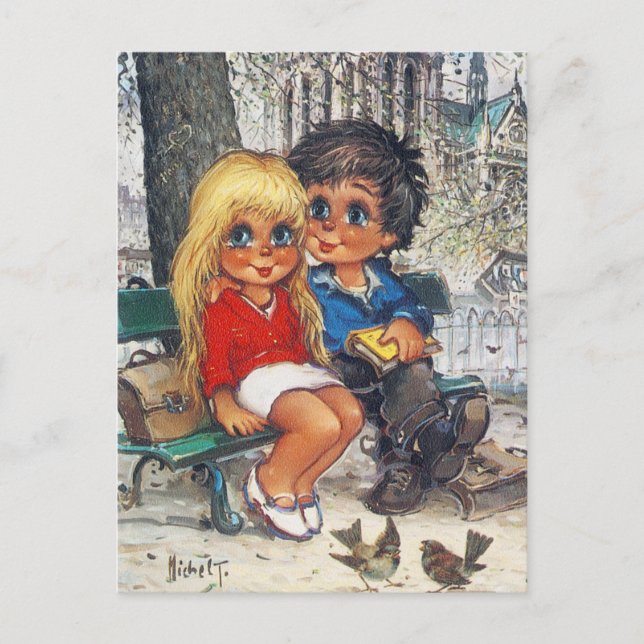 Cartão Postal Pequenos Poulbots num banco (Frente)