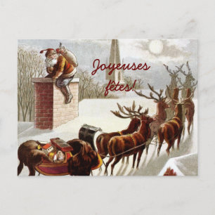 Cartão Postal Père Noël avec traîneau et renne cartes postale