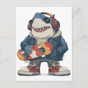 Cartão Postal Personagem de Tubarão Cartoon Hip Hop com Skate