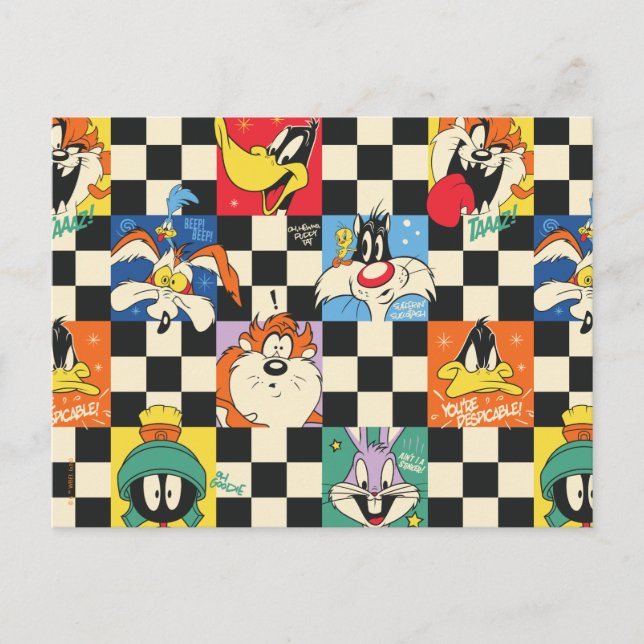 Cartão Postal Personagens do LOONEY TUNES™ em Xadrez Preto e Bra (Frente)