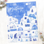 Cartão Postal Personalizada para Aquarela da Grécia Santorini<br><div class="desc">Uma pintura aquosa moderna da ilha grega de Santorini. Arte original de Nic Squirrell. Altere o nome para personalizar.</div>