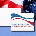 Cartão Postal Personalizar adicione seu próprio candidato ao pre<br><div class="desc">Personalize seus cartões postais de campanha política adicionando seu próprio nome ou outro político sob essa bandeira artística americana em vermelho,  branco e azul. Adicione um nome personalizado para presidente em 2024.</div>