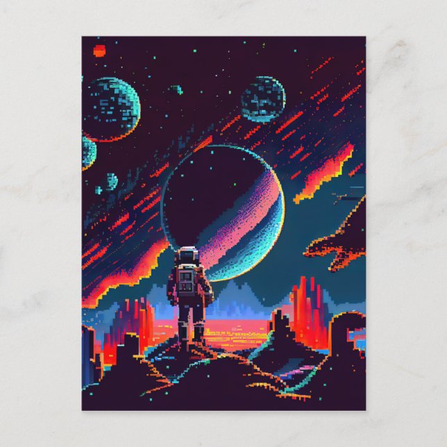 Cartão Postal Personalizar - Astronauta Espacial Retro de 8 Bits (Frente)