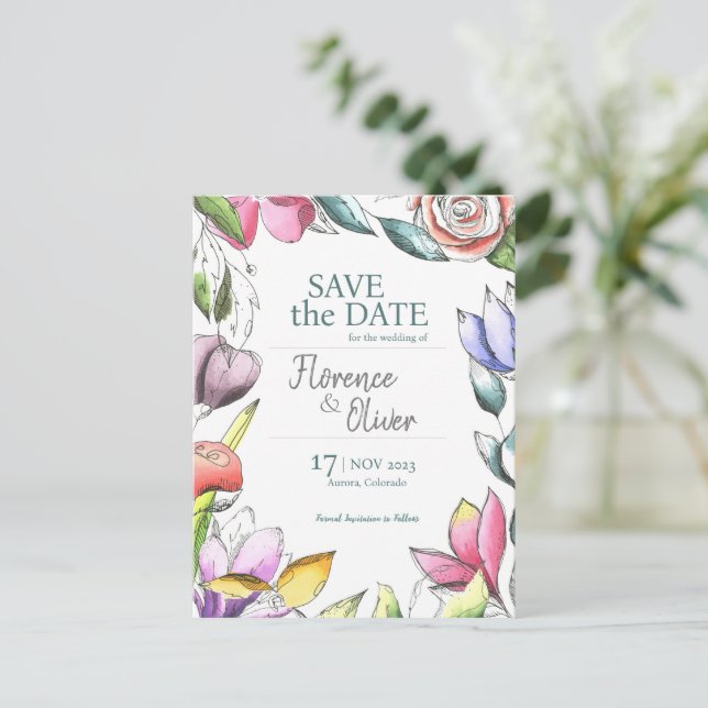 Cartão Postal Personalizar Floral Descrito Salvar Data (Em pé/Frente)