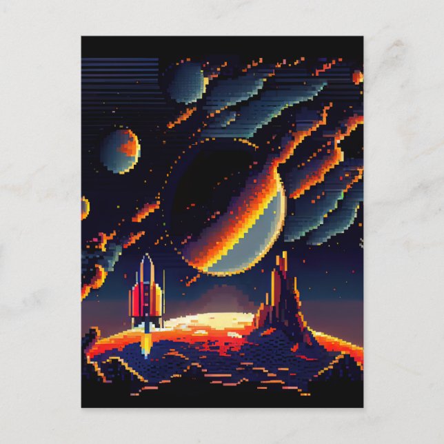 Cartão Postal Personalizar - Foguete Espacial Pixel Retro de 8 B (Frente)