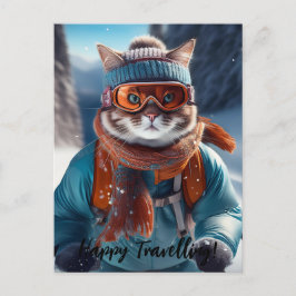 Cartão Postal Personalizar Gato esquiando as encostas de neve