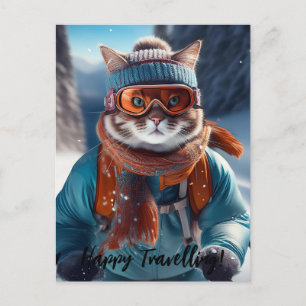 Cartão Postal Personalizar Gato esquiando as encostas de neve