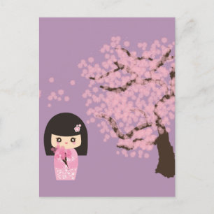 Cartão Postal Personalizável desenho do Geisha Girl Cherry Bloss