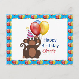 Cartão Postal Personalize Macaco e Balões de Aniversário Feliz 