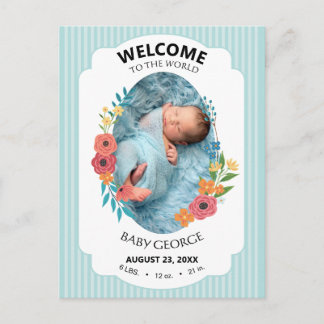 Cartão Postal personalized baby blue floral Birth announcements