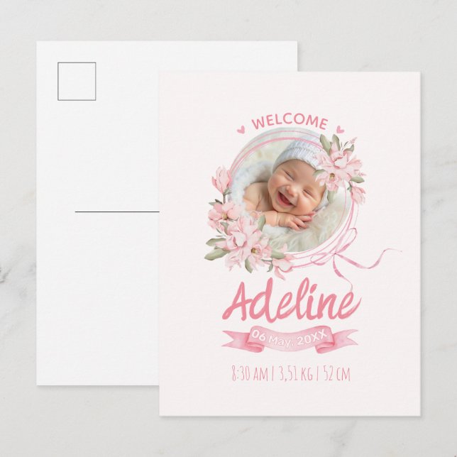Cartão Postal personalized baby blue floral Birth announcements (Frente/Verso)