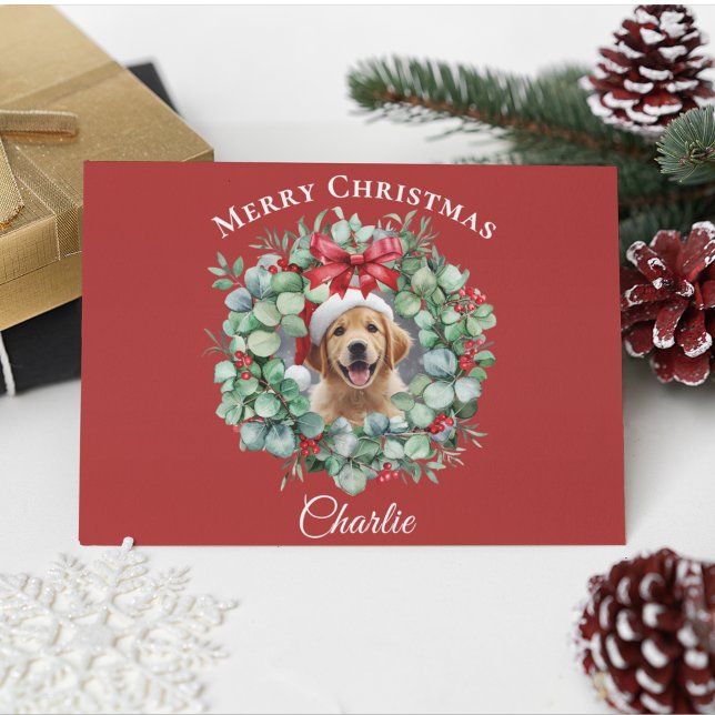 Cartão Postal Personalized Pet Christmas with Wreath & Name (Criador carregado)