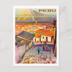Cartão Postal Peru, telhados de cidades sob a montanha, vindima
