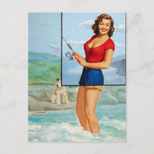 Cartão Postal Pesca Com Pinup De Cão